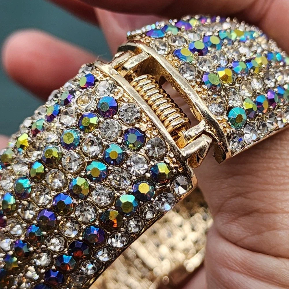 Aurora Borealis Rhinestone Wide Hinged Bangle Bracelet Gold Tone Glam Statement